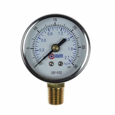 Coilhose® GB1430 Analog Dry Round Pressure Gauge, 0 to 30 psi Pressure, 1/4 in NPT Connection, 2 in Dia Dial, +/- 3-2-3 % Accuracy